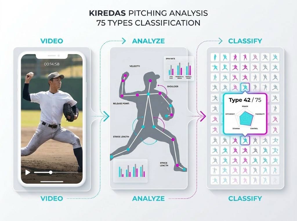 KIREDAS PITCHING ANALYSIS — VIDEO撮影からANALYZE解析・150タイプCLASSIFY分類までの流れ