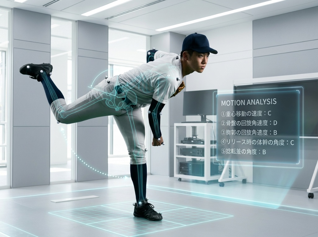 投球動作の数値解析イメージ — KIREDAS ACADEMY 動作解析オンライン