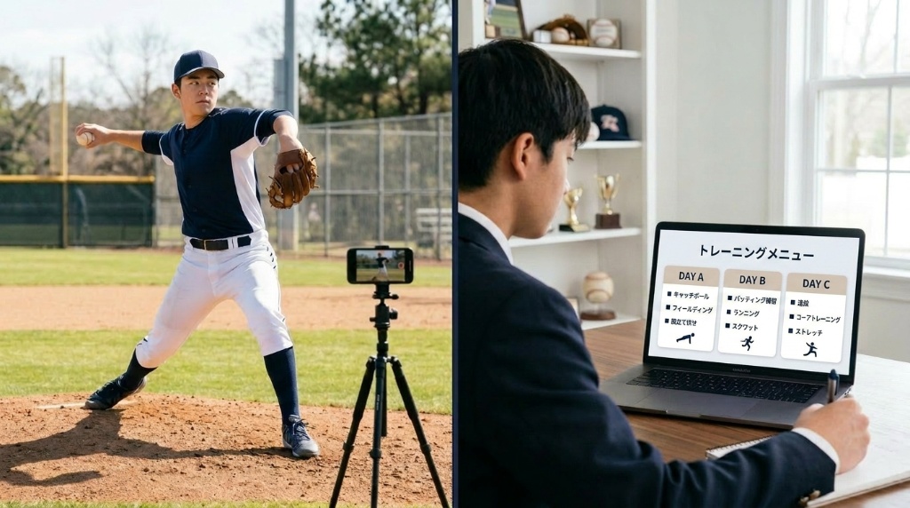投球動画を撮影してトレーニングメニューを確認するシーン — KIREDAS ACADEMY 動作解析オンライン